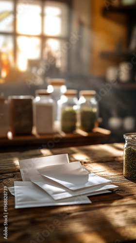 Blank sheets of paper on wooden table with jars in background  