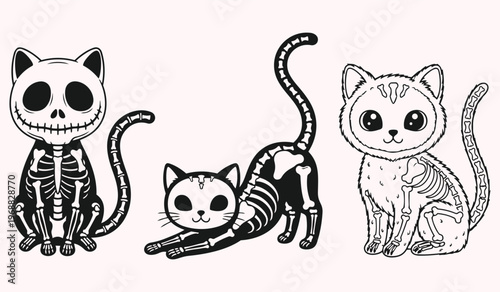 Spooky Cat Skeleton Trio: Three whimsical feline illustrations in the style of skeletal depictions, exuding a playful yet eerie vibe, ideal for Halloween themes.