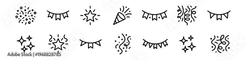 set of black line art party icons including confetti, flags, star, sparkles, and party popper on transparent background