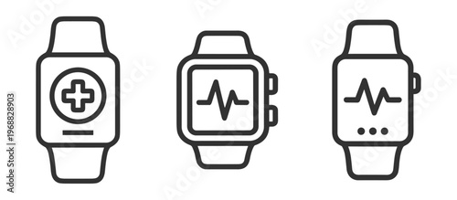 smartwatch medical health monitoring line icons on transparent background