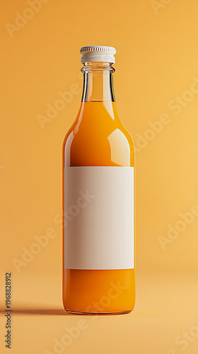 Orange juice bottle with blank label on yellow background  
