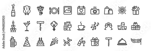 party celebration outline icons set with champagne cake gifts mask and balloons vector illustration on transparent background