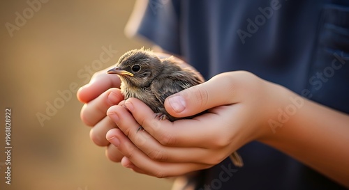 Gentle hands cradle a small, fluffy baby bird in a warm, soft focus outdoor setting