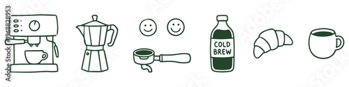 Coffee Delights: A collection of meticulously crafted, elegant line art illustrations depicting essential elements of a delightful coffee experience.