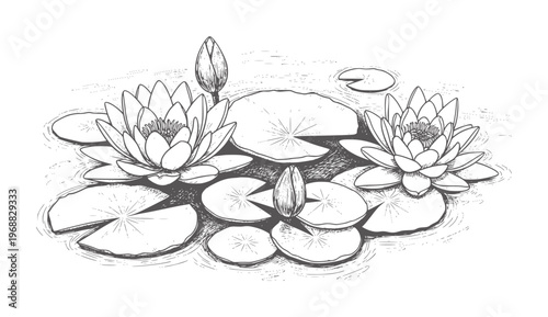 Two blooming water lilies and buds lily pads in water waterlily lotus flower