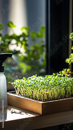 Fresh microgreens growing in planter beside spray bottle indoors