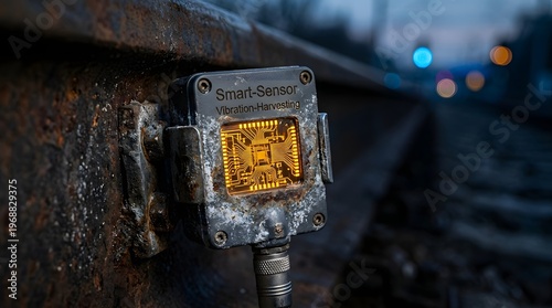 A close-up view of a weathered smart sensor attached to a rusty metal beam in an industrial setting with blurred background lights