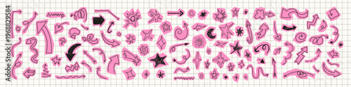 Pink scrapbook scribble doodle stickers set on notebook grid background. Crayon or pencil drawn doodle on torn edges collage pink paper. Pen note scribbles, arrow and stars.