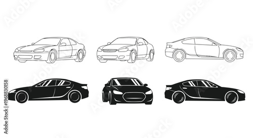 Evolution of modern sports car silhouettes from basic to sleek designs Vector