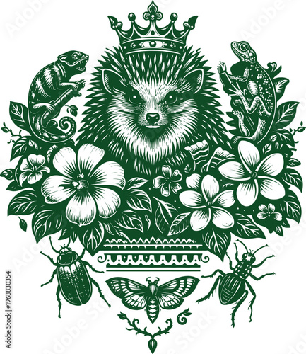 Royal Hedgehog Insect Frog Floral Green Art