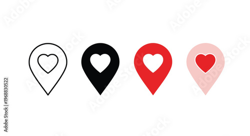 Four location pins with hearts indicating varying levels of affection or importance Vector