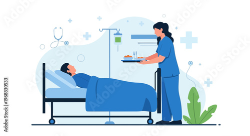 Nurse caring for patient in hospital bed with IV drip and medical icons