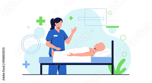 Nurse caring for patient in hospital bed, medical healthcare concept illustration