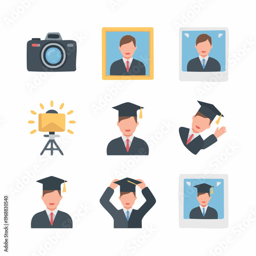 Graduation ceremony with a man wearing a graduation cap and gown with camera photographing the event and pictures of the graduate on display in a formal setting indoors