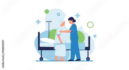 Nurse helping elderly patient get out of hospital bed, medical care, support, healthcare concept