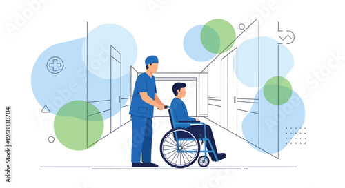 Nurse pushing patient in wheelchair down hospital corridor, healthcare concept