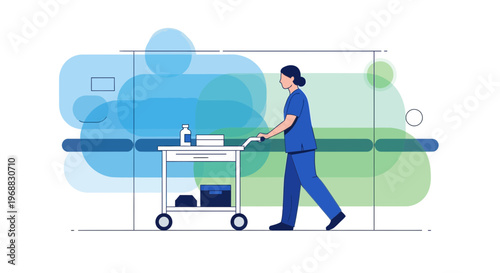 Nurse pushing medical cart in modern hospital hallway with abstract blue and green background