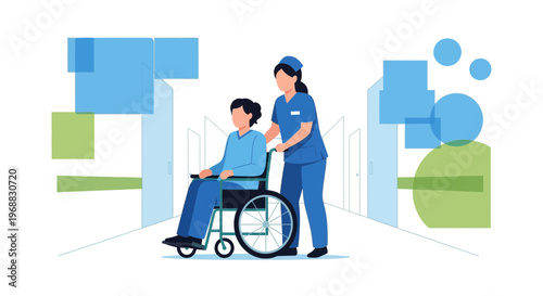 Nurse pushing patient in wheelchair down hospital corridor, healthcare concept