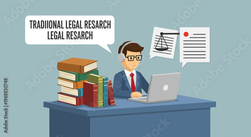 Lawyer working on laptop with books and legal documents.