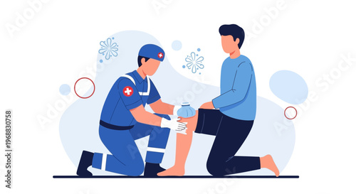 Paramedic Applying Ice Pack to Injured Knee of Patient Kneeling on Floor