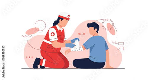Paramedic applying bandage to injured person's arm, first aid concept, medical help