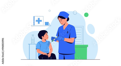 Pediatrician administering vaccine to child in clinic, healthcare concept