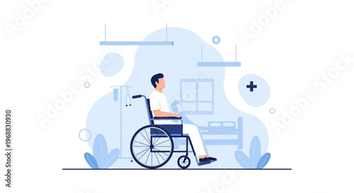 Patient in wheelchair in hospital room, rehabilitation, medical care, recovery concept