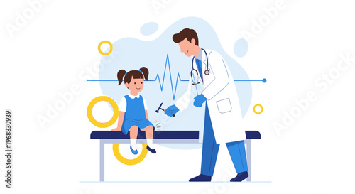 Pediatrician examining a young girl with a reflex hammer on examination table