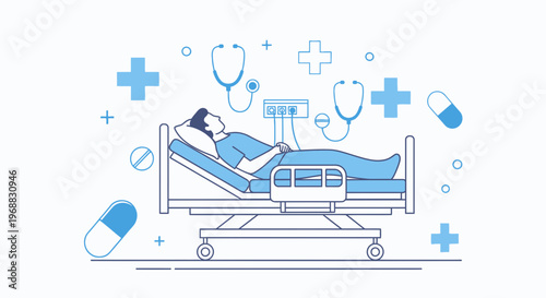 Patient in hospital bed with medical equipment, stethoscopes, pills, and crosses