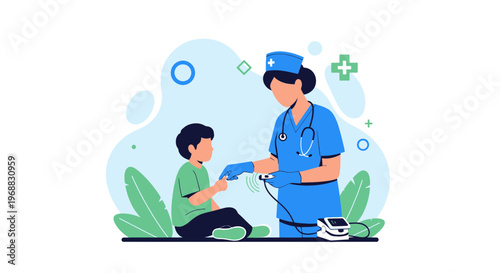 Pediatric Nurse Checks Child's Pulse Oximeter Reading in Medical Clinic