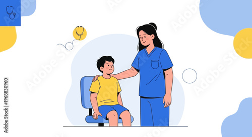 Pediatrician comforting young boy patient during medical check-up in clinic