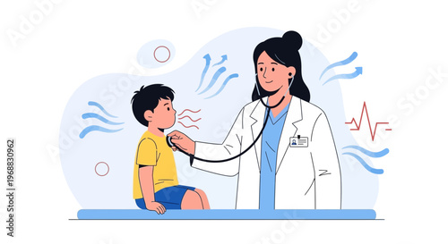 Pediatrician examining a child with a stethoscope, respiratory health concept