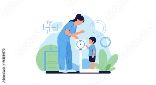 Pediatrician weighing a child on a scale, healthcare checkup, growth monitoring, medical concept