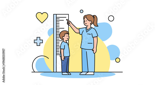 Pediatrician measuring child's height with a stadiometer, healthcare concept