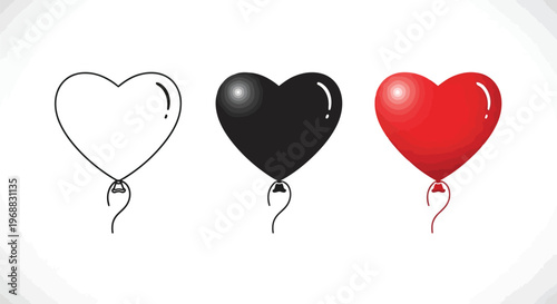 Three heart-shaped balloons in different styles and colors floating in the air Vector