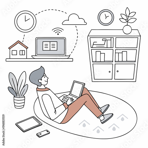 A woman relaxing on the floor with her laptop