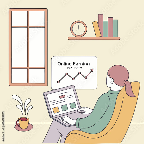 Woman sitting on yellow chair working on laptop with online earning graph