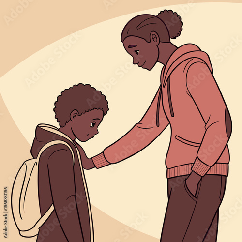 A woman comforting a young boy with a backpack