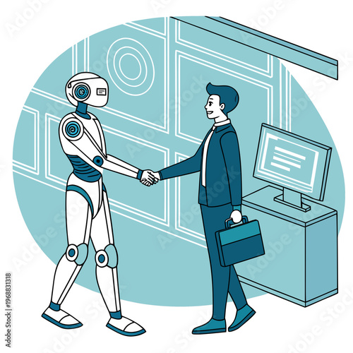 A robot and a businessman shaking hands