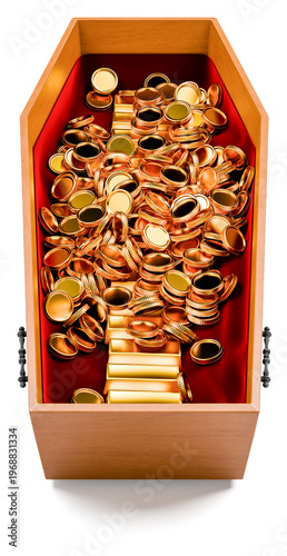 Gold ingots and gold coins in a casket. Concept for inheriting a fortune. Pure white background for better separation