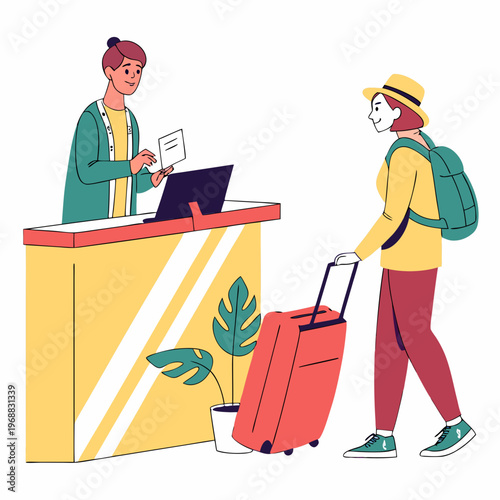 Man standing with suitcase and ticket at a travel agency counter while a woman works on a laptop, colorful flat style on white background. Concept of booking. Vector .