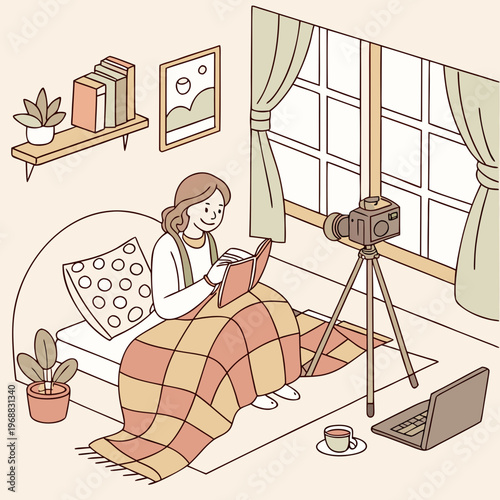 A woman sitting on a bed with a camera on a tripod