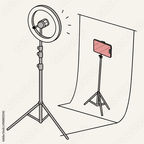 A ring light and a backdrop stand with a smartphone holder