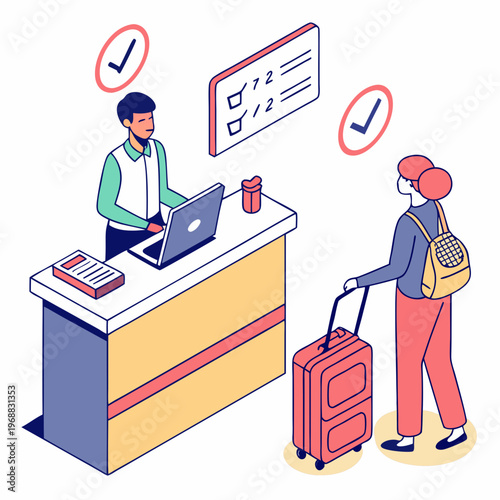 Man standing with suitcase and ticket at a travel agency counter while a woman works on a laptop, colorful flat style on white background. Concept of booking. Vector .