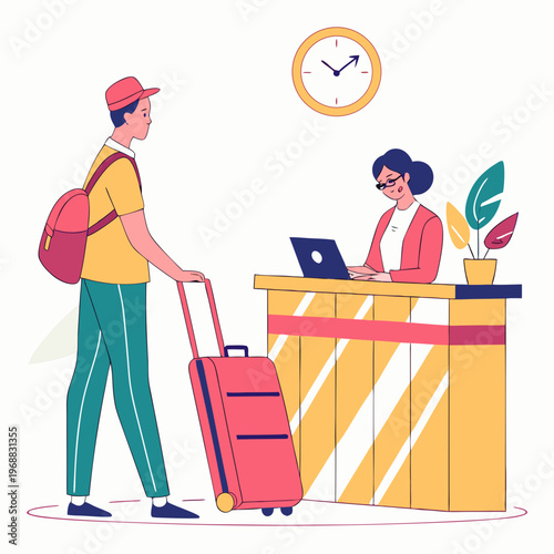 Man standing with suitcase and ticket at a travel agency counter while a woman works on a laptop, colorful flat style on white background. Concept of booking. Vector .
