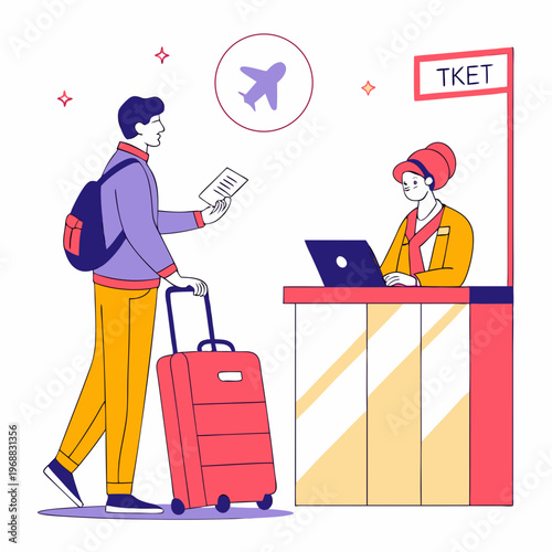 Man standing with suitcase and ticket at a travel agency counter while a woman works on a laptop, colorful flat style on white background. Concept of booking. Vector .
