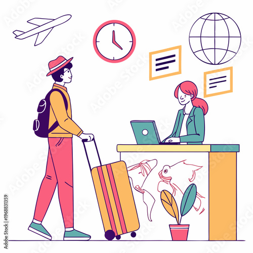 Man standing with suitcase and ticket at a travel agency counter while a woman works on a laptop, colorful flat style on white background. Concept of booking. Vector .