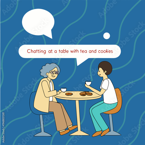Elderly woman and young man chatting at a table with tea and cookies, flat graphic style, blue abstract background with speech bubbles, concept of family bonding. Vector .