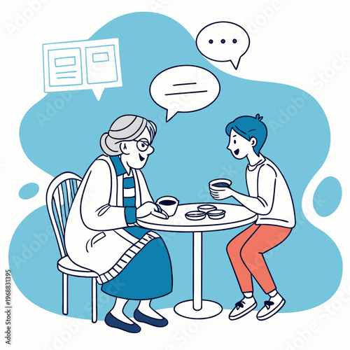 Elderly woman and young man chatting at a table with tea and cookies, flat graphic style, blue abstract background with speech bubbles, concept of family bonding. Vector .