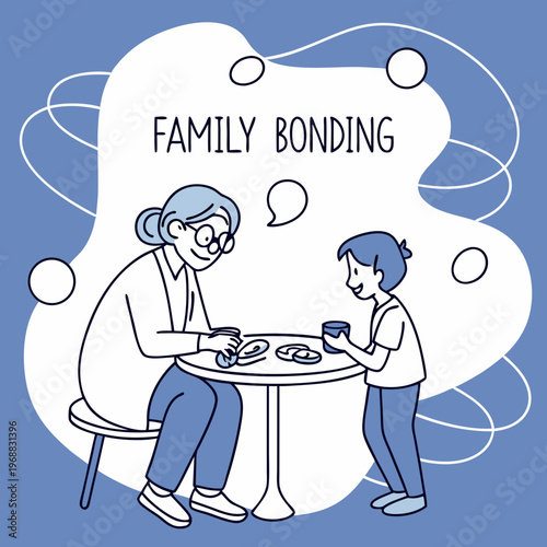 Elderly woman and young man chatting at a table with tea and cookies, flat graphic style, blue abstract background with speech bubbles, concept of family bonding. Vector .